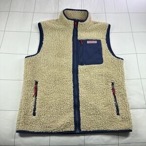 Vineyard Vines Vest Mens Medium Cream Navy Stillwater Sherpa Full Zip Fleece